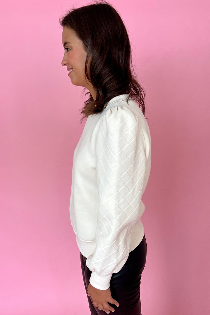 Sweat-shirt blanc uni à manches bouffantes et col rond
