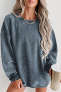 Sweat-shirt bleu uni en tricot côtelé à col rond