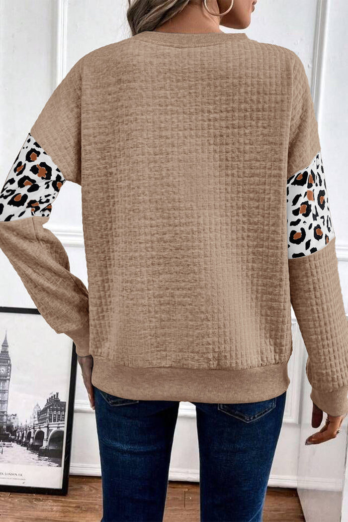 Sweat-shirt col rond matelassé léopard parchemin