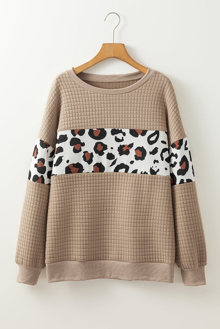 Sweat-shirt col rond matelassé léopard parchemin
