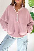Sweat-shirt en peluche Fushia à col montant et poche zippée à demi-bouton