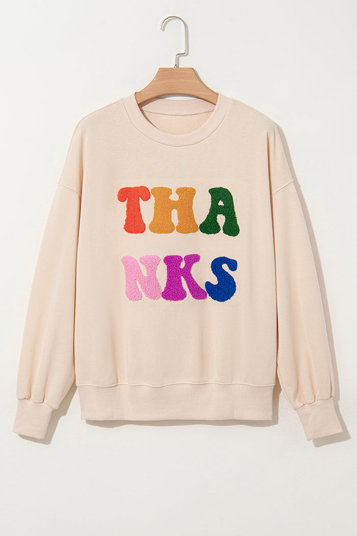 Sweat-shirt graphique à épaules tombantes brodé en chenille THANKS Abricot