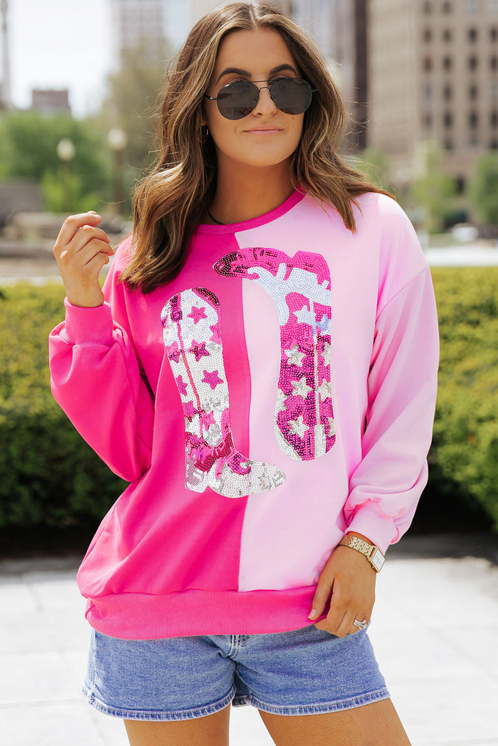 Sweat-shirt graphique avec bottes de cow-girl à paillettes et blocs de couleurs roses