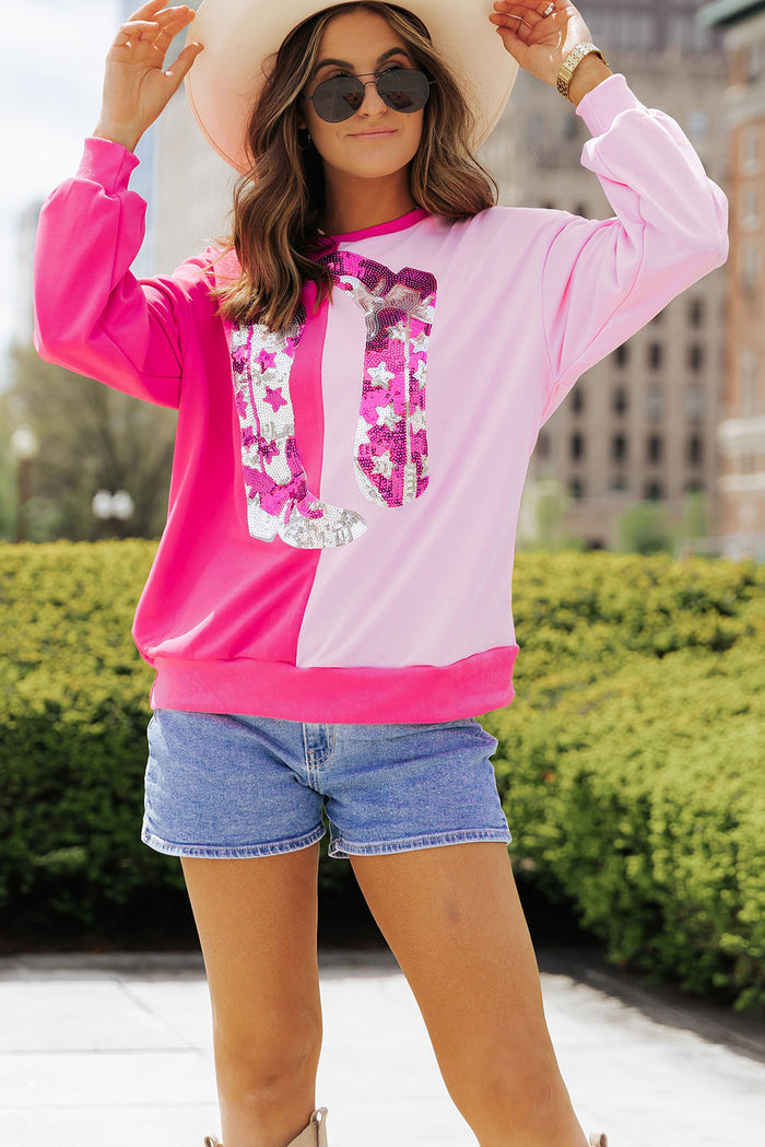 Sweat-shirt graphique avec bottes de cow-girl à paillettes et blocs de couleurs roses