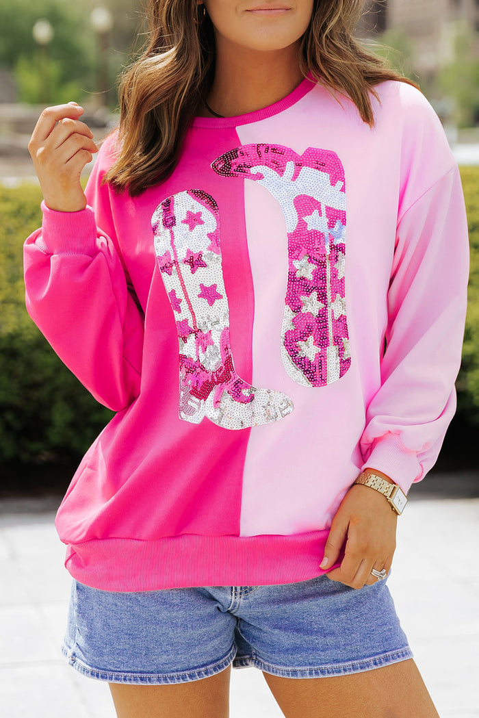 Sweat-shirt graphique avec bottes de cow-girl à paillettes et blocs de couleurs roses