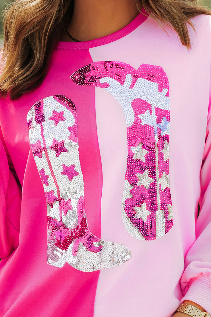 Sweat-shirt graphique avec bottes de cow-girl à paillettes et blocs de couleurs roses
