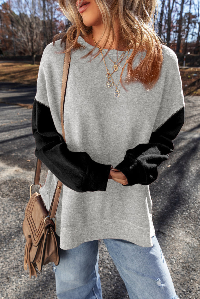 Sweat-shirt gris à épaules tombantes et patchwork bicolore
