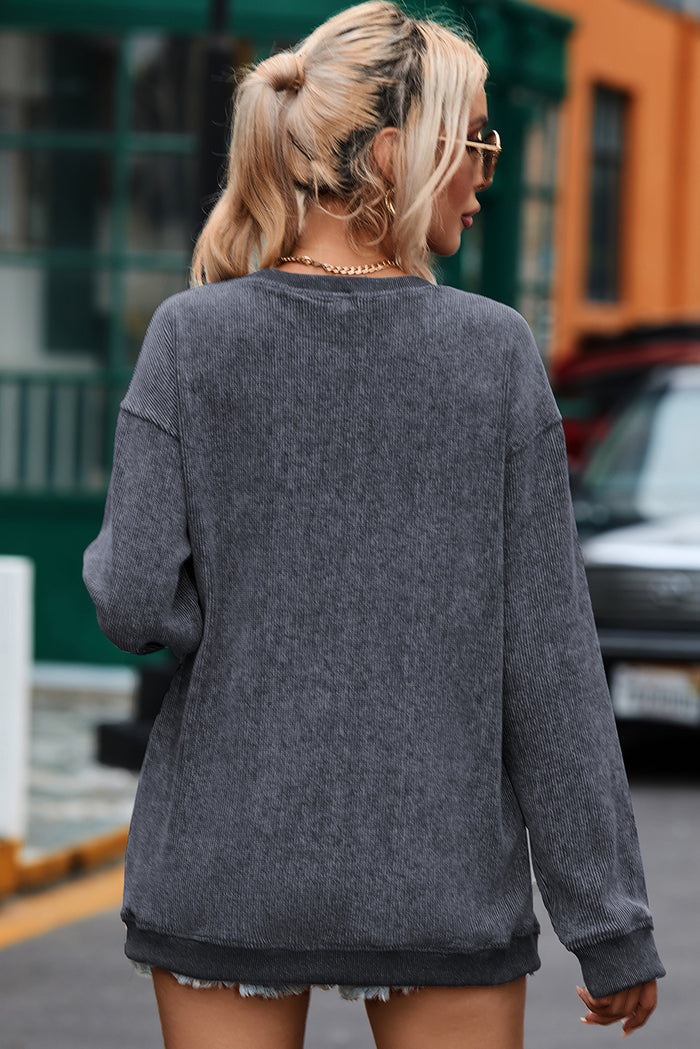Sweat-shirt gris uni en tricot côtelé à col rond