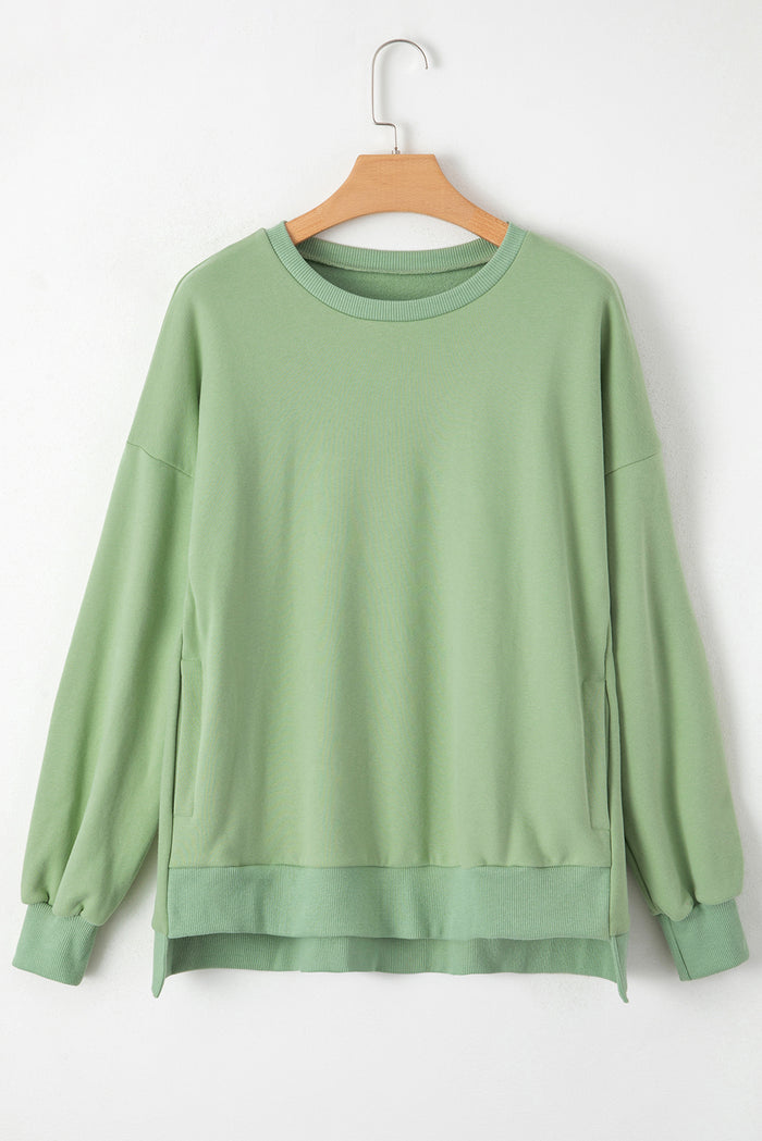 Sweat-shirt haut-bas à épaules tombantes et doublure en polaire unie vert herbe