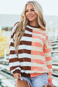 Sweat-shirt marron à rayures et blocs de couleurs *