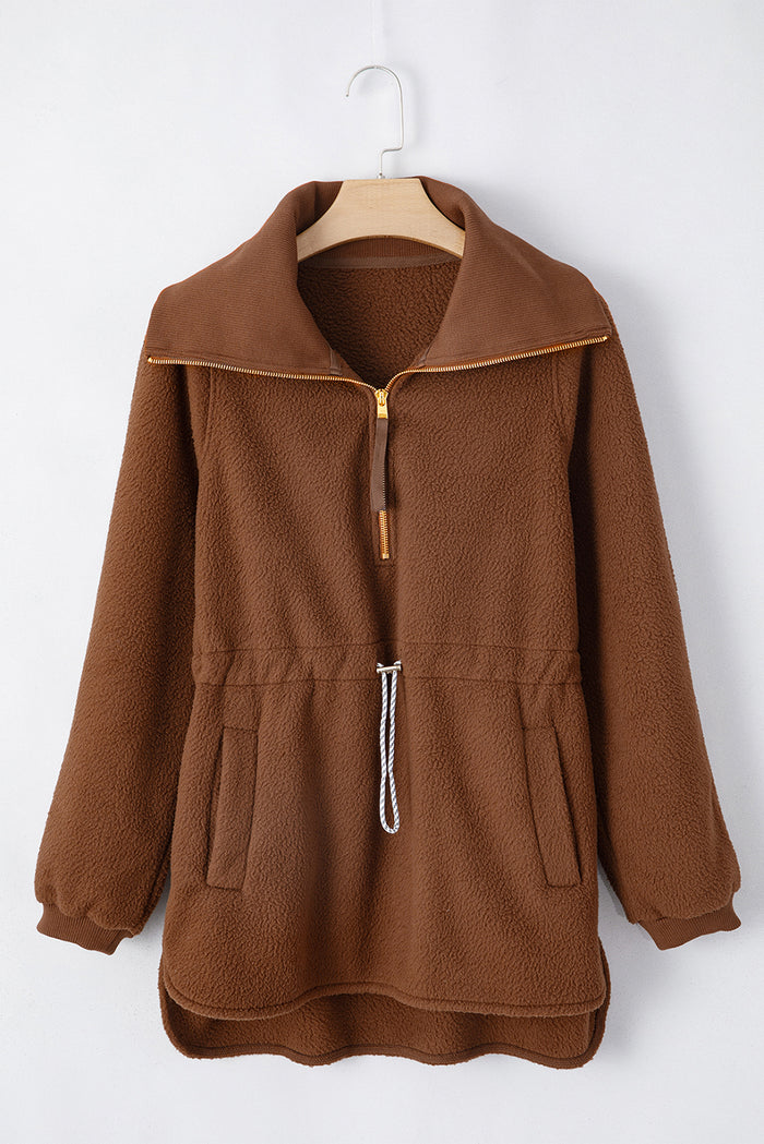 Sweat-shirt marron en molleton à demi-zip *