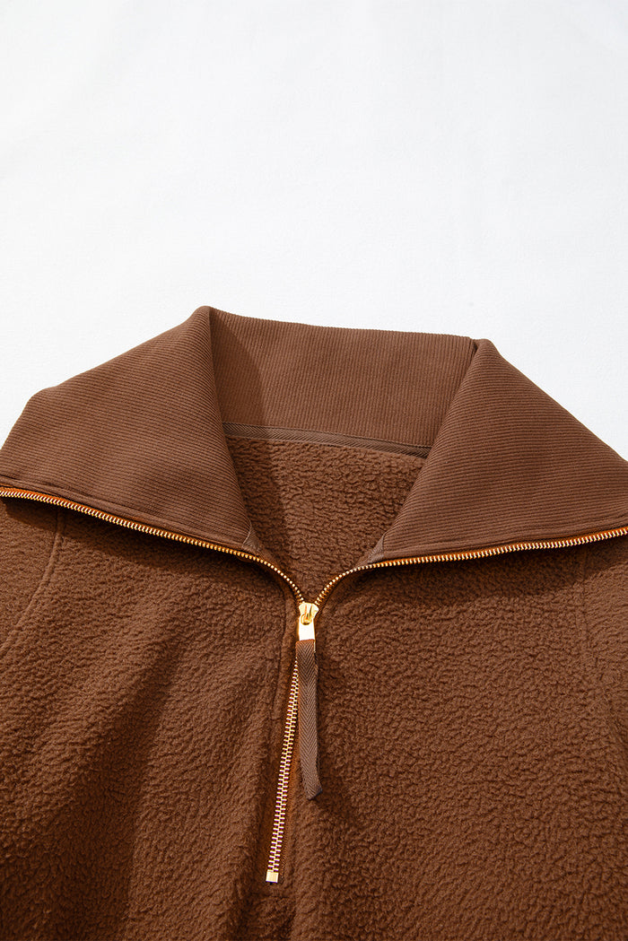 Sweat-shirt marron en molleton à demi-zip *