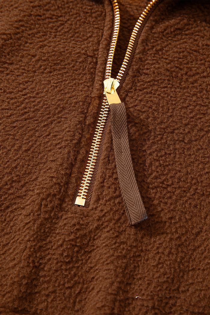 Sweat-shirt marron en molleton à demi-zip *