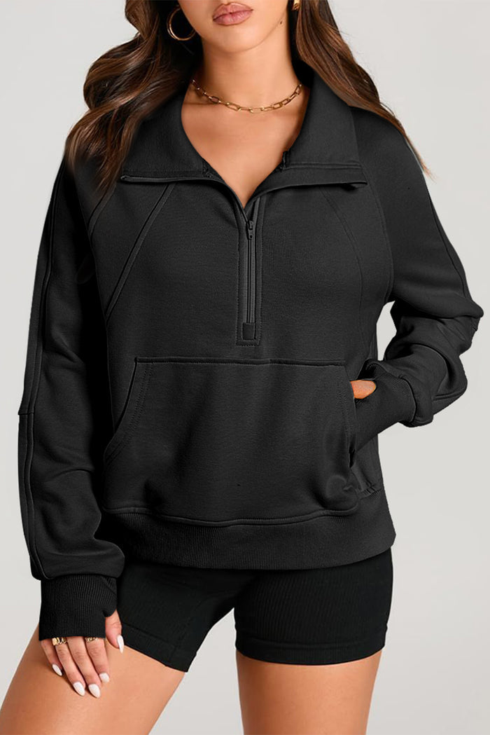 Sweat-shirt noir à col montant et poche kangourou avec fermeture éclair quart de tour