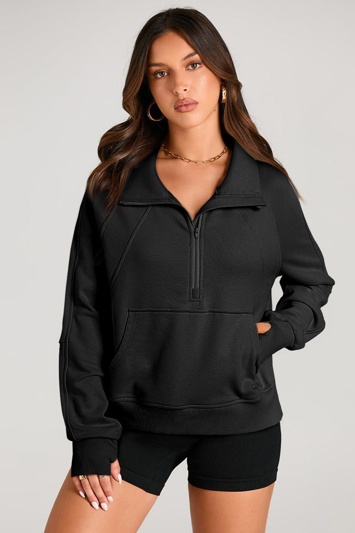 Sweat-shirt noir à col montant et poche kangourou avec fermeture éclair quart de tour