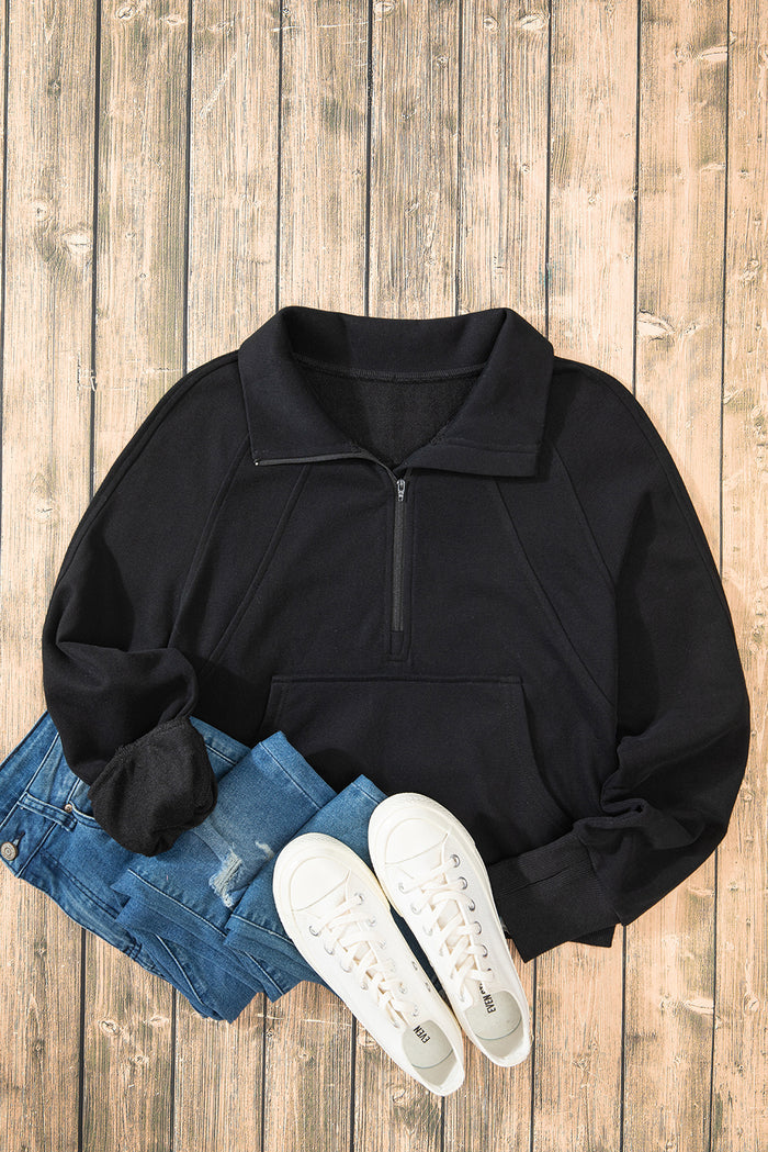 Sweat-shirt noir à col montant et poche kangourou avec fermeture éclair quart de tour