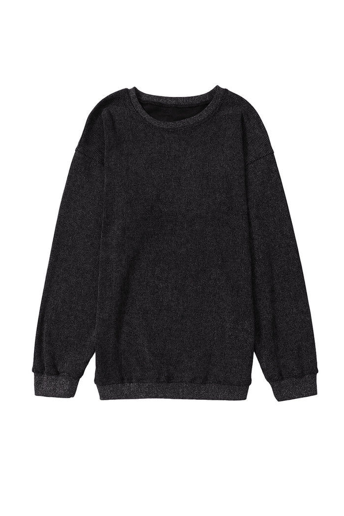 Sweat-shirt noir à col rond en tricot côtelé uni