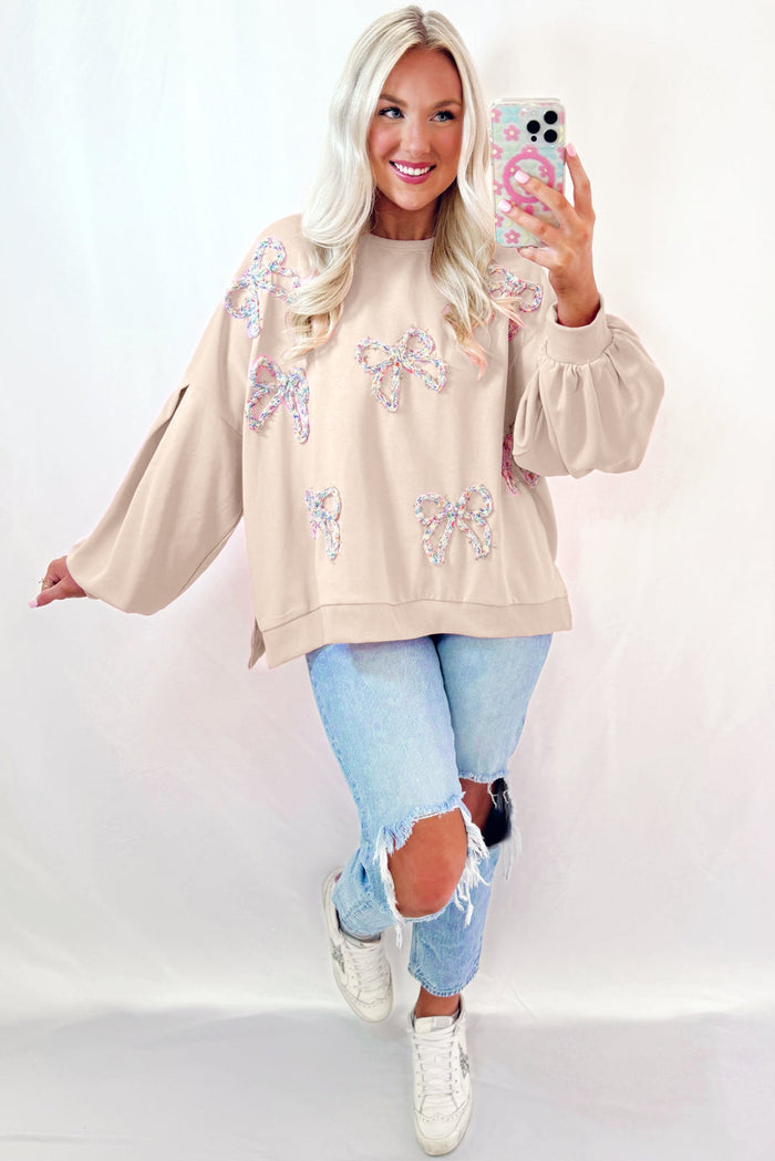 Sweat-shirt oversize à manches lanterne et nœud brodé parchemin