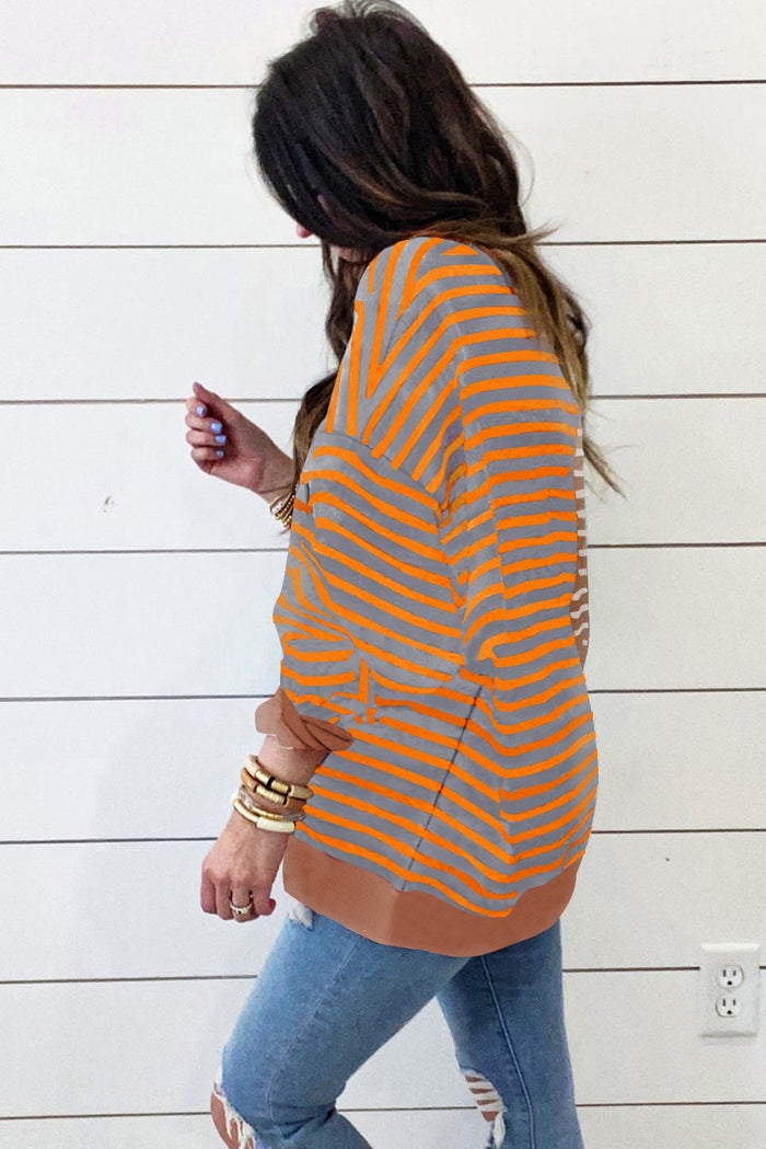 Sweat-shirt oversize à rayures décontractées et à rayures color block à épaules tombantes marron