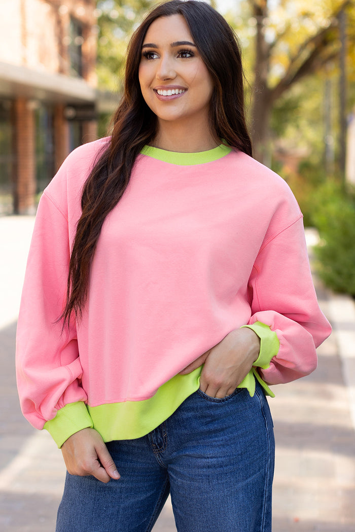 Sweat-shirt rose à manches bulles et color block