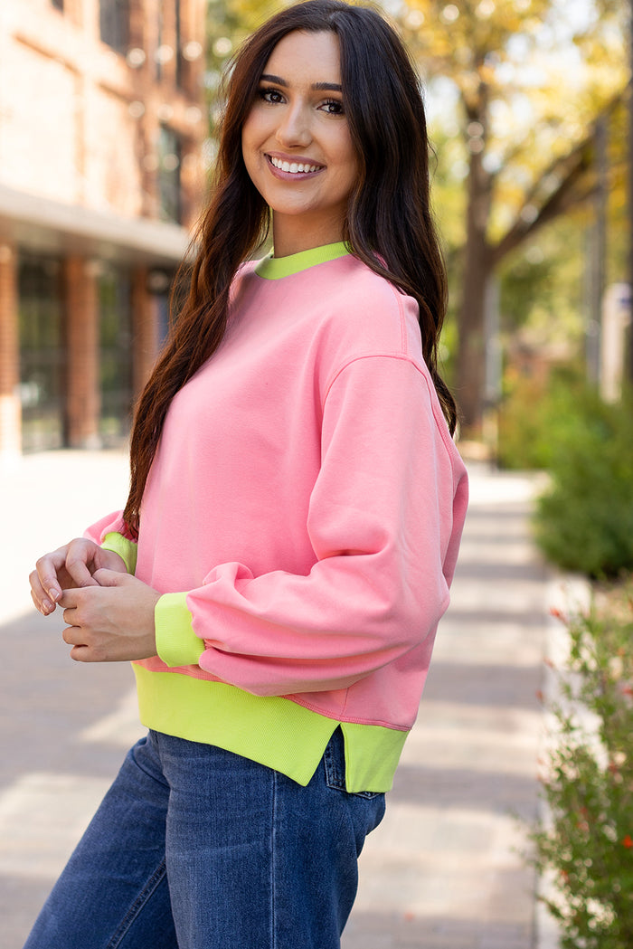 Sweat-shirt rose à manches bulles et color block