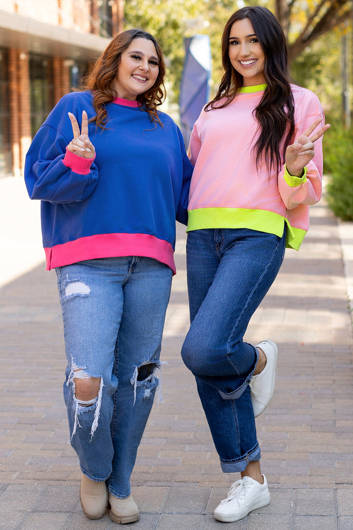 Sweat-shirt rose à manches bulles et color block