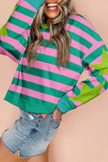 Sweat-shirt rose à rayures et étoiles patchwork à col rond