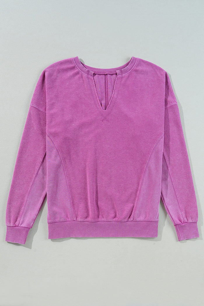 Sweat-shirt rose vif à épaules tombantes et col cranté de couleur unie