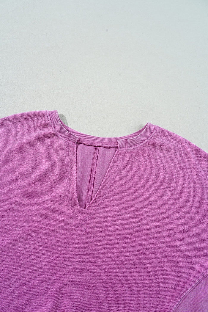 Sweat-shirt rose vif à épaules tombantes et col cranté de couleur unie