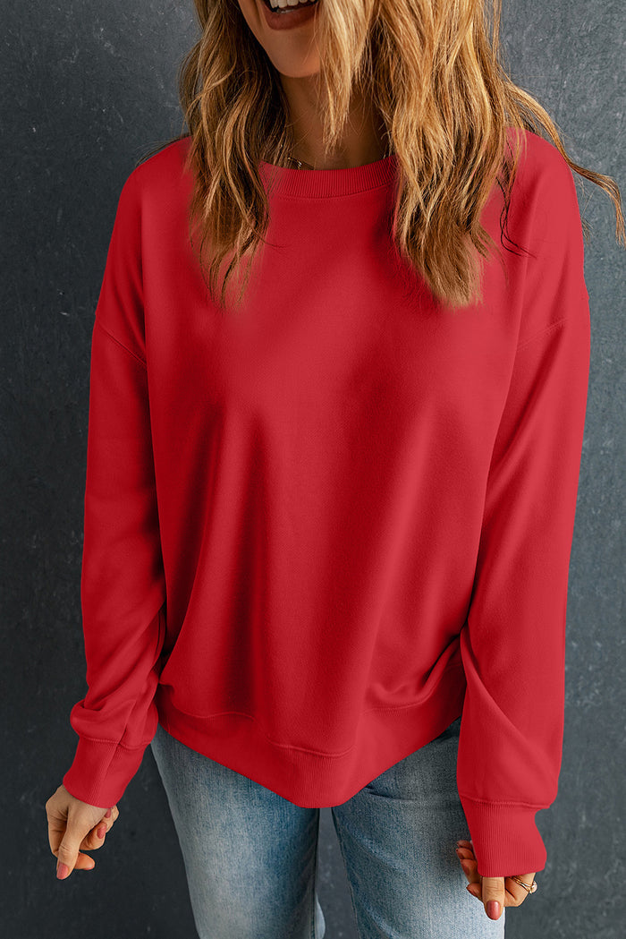 Sweat-shirt rouge uni classique à col rond