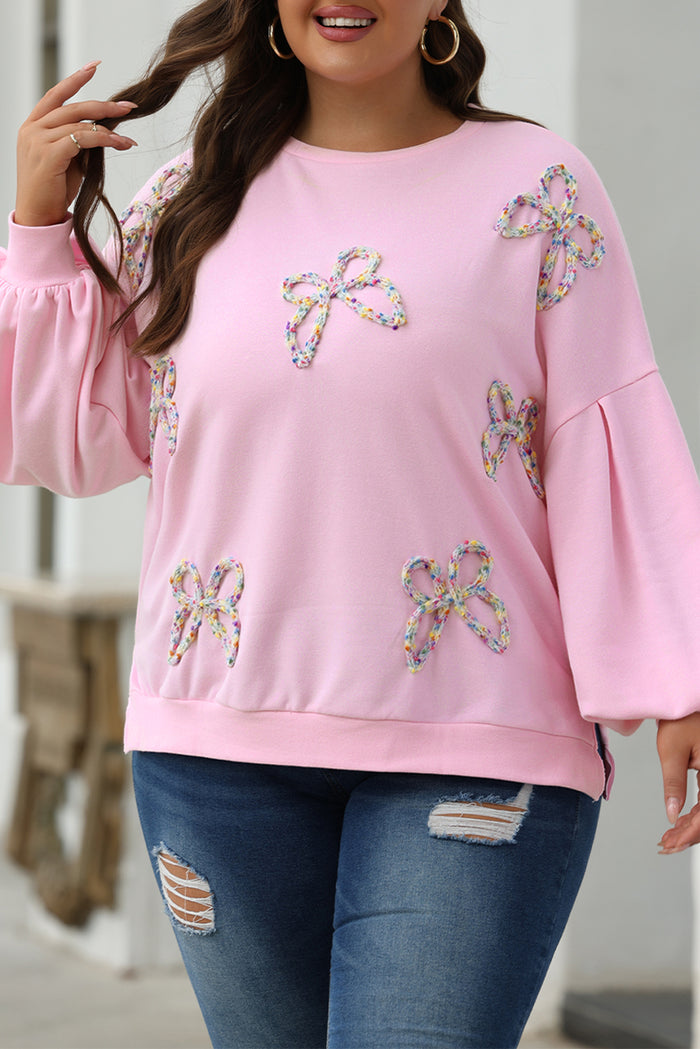 Sweat-shirt surdimensionné à manches lanterne et nœud brodé rose clair