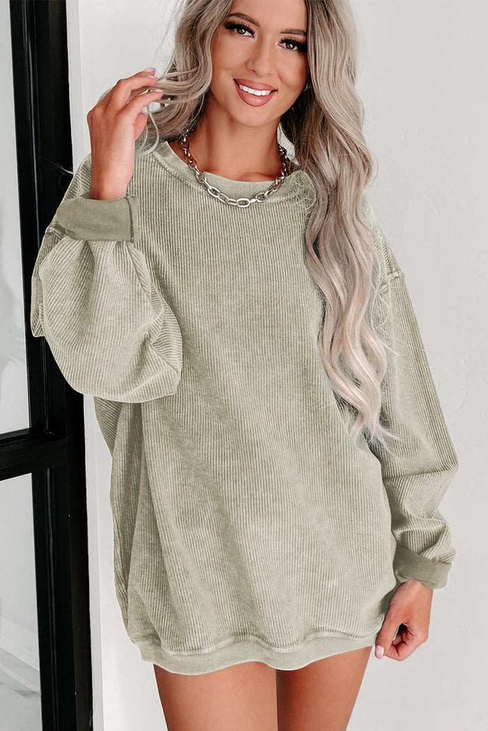 Sweat-shirt vert uni en tricot côtelé à col rond