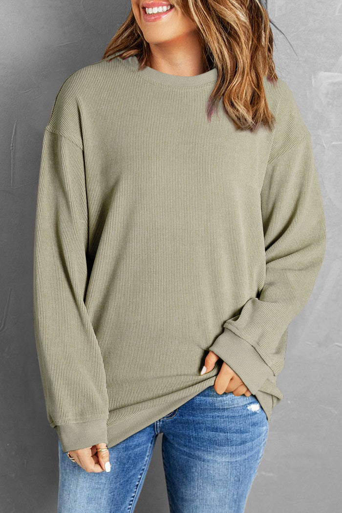 Sweat-shirt vert uni en tricot côtelé à col rond