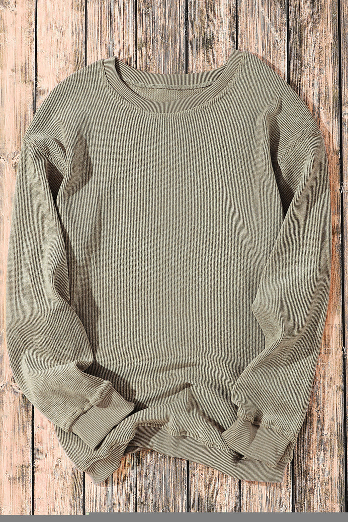 Sweat-shirt vert uni en tricot côtelé à col rond