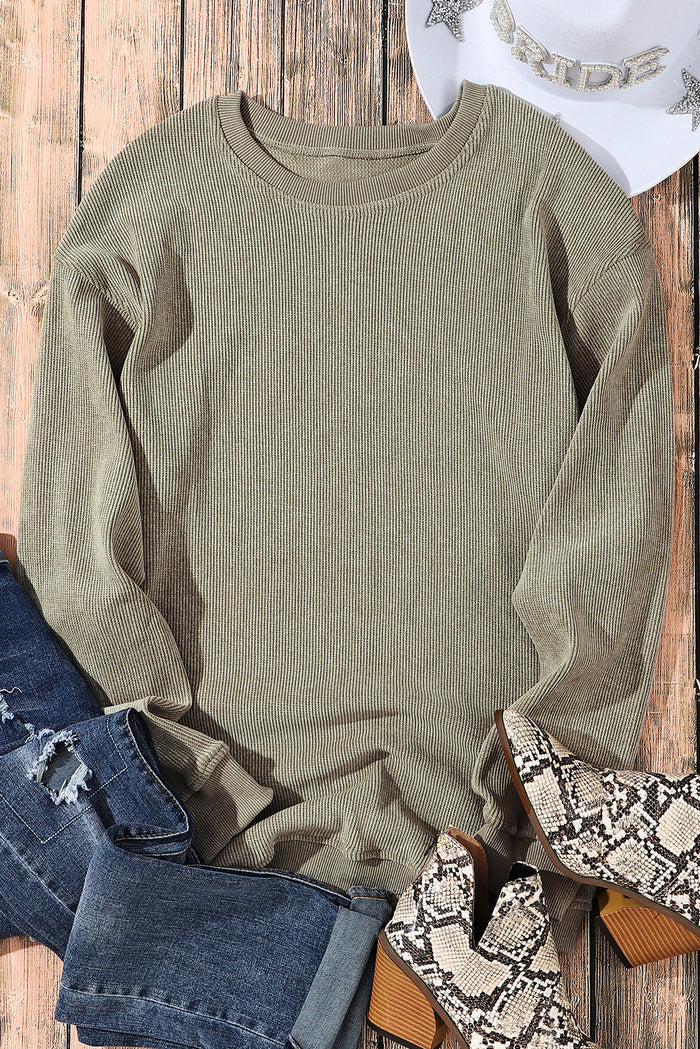 Sweat-shirt vert uni en tricot côtelé à col rond