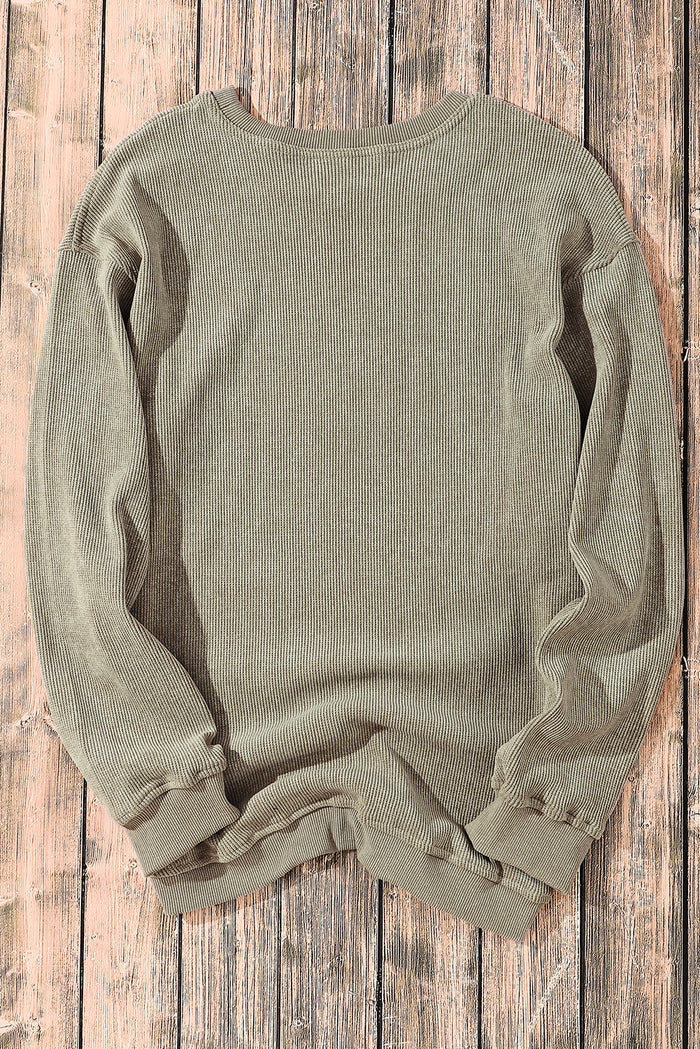 Sweat-shirt vert uni en tricot côtelé à col rond