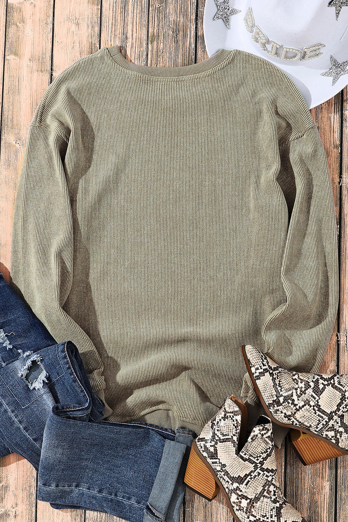 Sweat-shirt vert uni en tricot côtelé à col rond