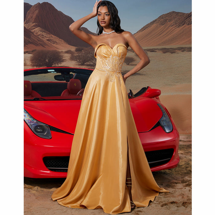 Sweetheart Neck Gold Long Formal Gown Prom Dress with Leg Slit - Rosymae