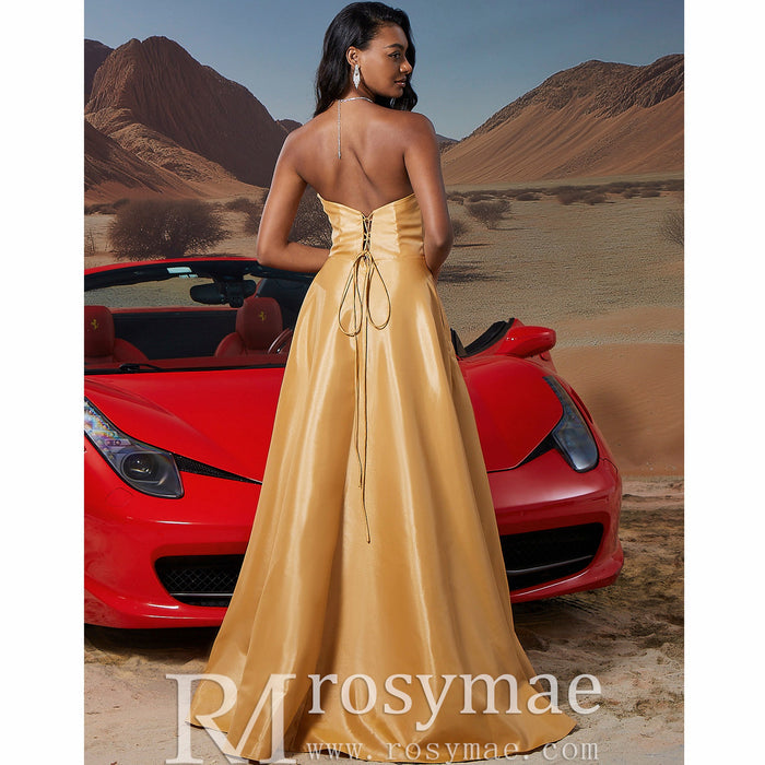 Sweetheart Neck Gold Long Formal Gown Prom Dress with Leg Slit - Rosymae