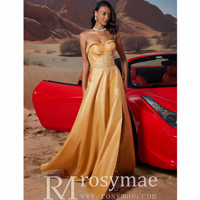 Sweetheart Neck Gold Long Formal Gown Prom Dress with Leg Slit - Rosymae