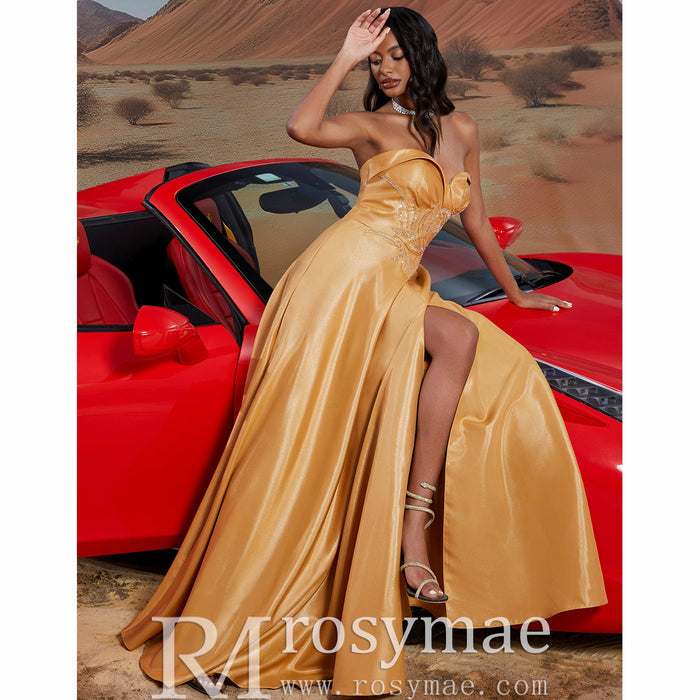 Sweetheart Neck Gold Long Formal Gown Prom Dress with Leg Slit - Rosymae