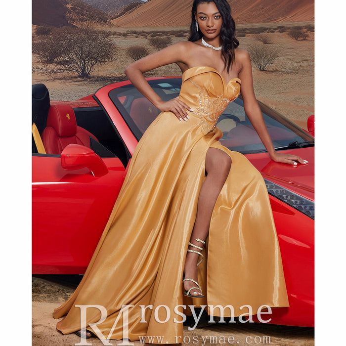 Sweetheart Neck Gold Long Formal Gown Prom Dress with Leg Slit - Rosymae