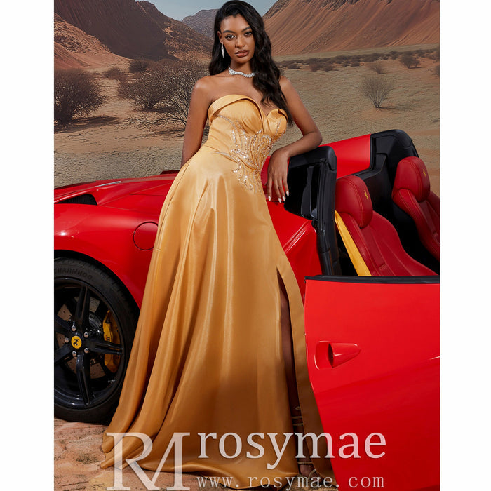 Sweetheart Neck Gold Long Formal Gown Prom Dress with Leg Slit - Rosymae
