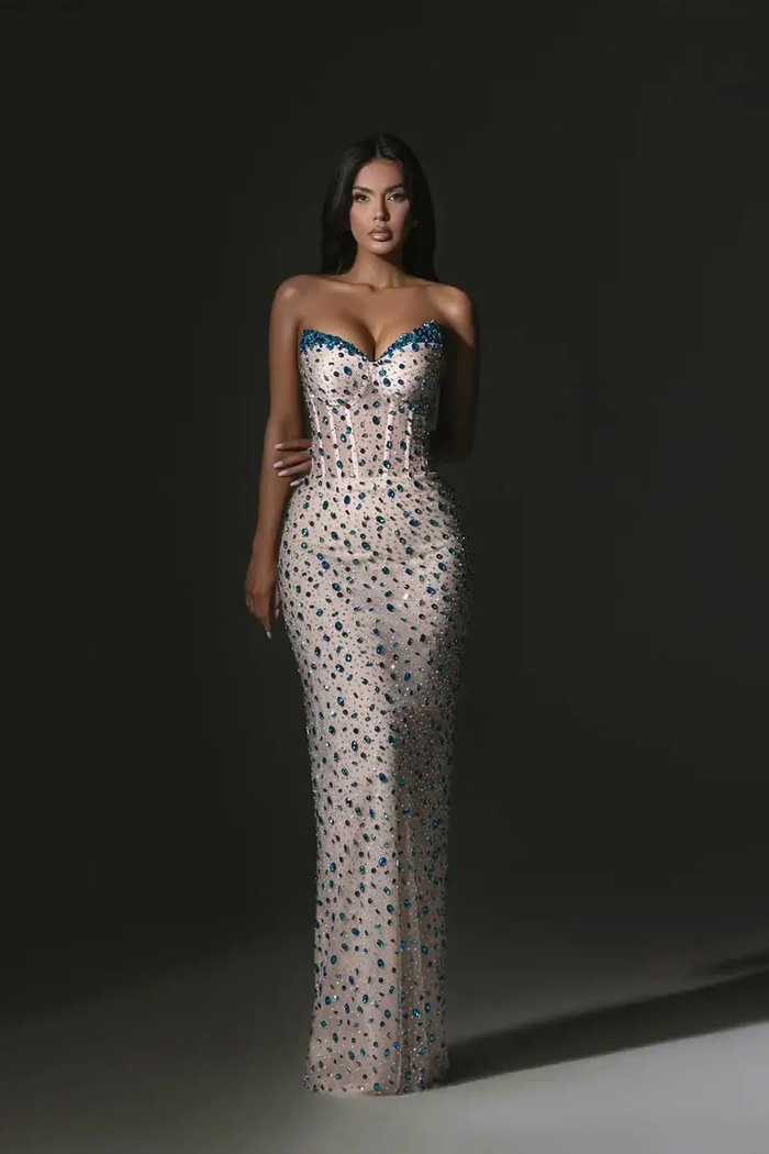 Sweetheart Strapless Sleeveless Mermaid Prom Dress V-Neck Gem With Lace-Up Back