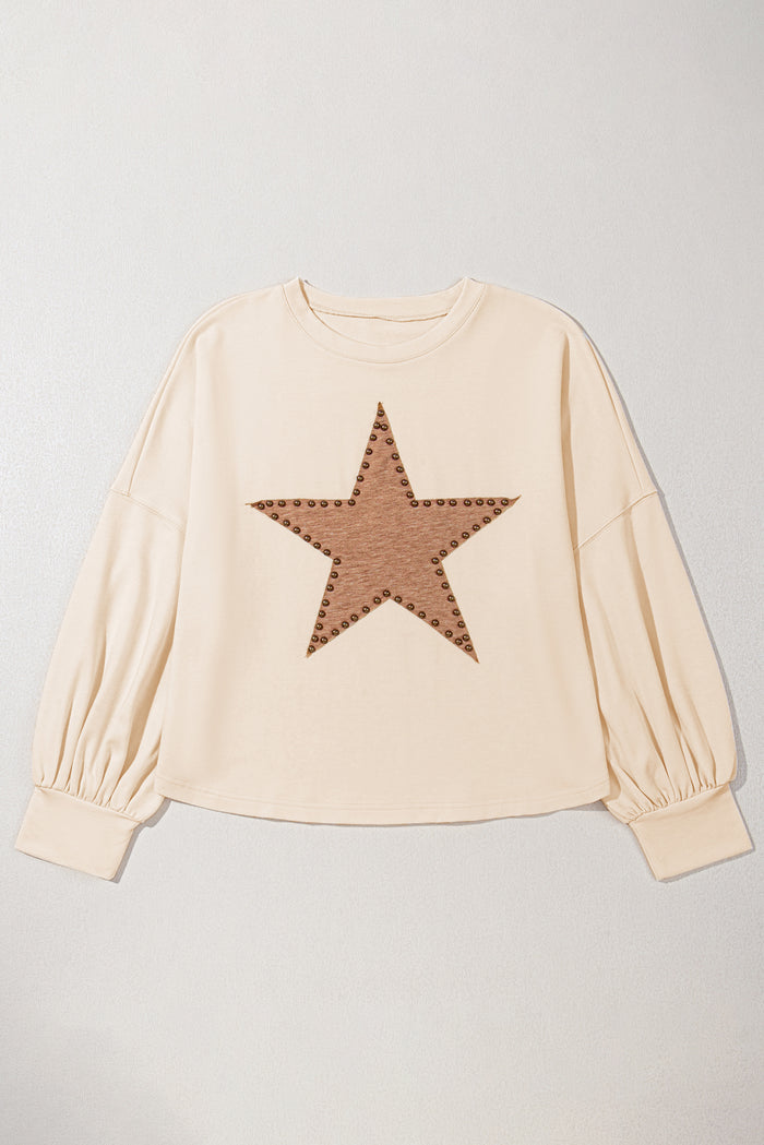 T-shirt beige à col rond clouté en forme d'étoile de grande taille