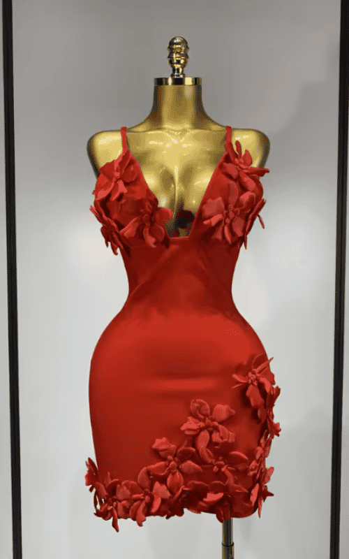 Taaliyah V neck floral bodycon bandage mini dress designed for birthdays, cocktail parties, and elegant evening events.