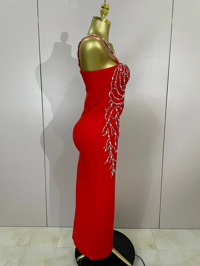 Tahlia sexy backless red beading long bodycon bandage dress with bead embellishments and slim-fit silhouette.