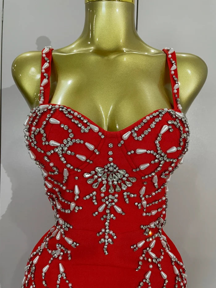 Tahlia sexy backless red beading long bodycon bandage dress with bead embellishments and slim-fit silhouette.