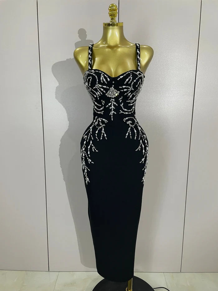 Tahlia sexy backless red beading long bodycon bandage dress with bead embellishments and slim-fit silhouette.