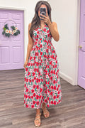 red pink and green floral print sleeveless midi dress